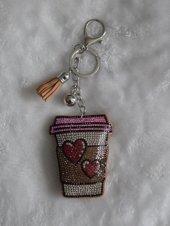 Fashion Jewelry Accessories - Coffee Cup Rhinestone Keychain Charm - Pink & Brown Bag Charm